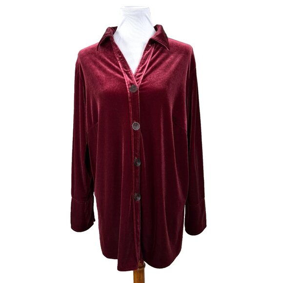 Harve Benard Women's Red Velvet Button up Longsleeve Tunic Top Quiet Luxury 1X - Picture 2 of 9